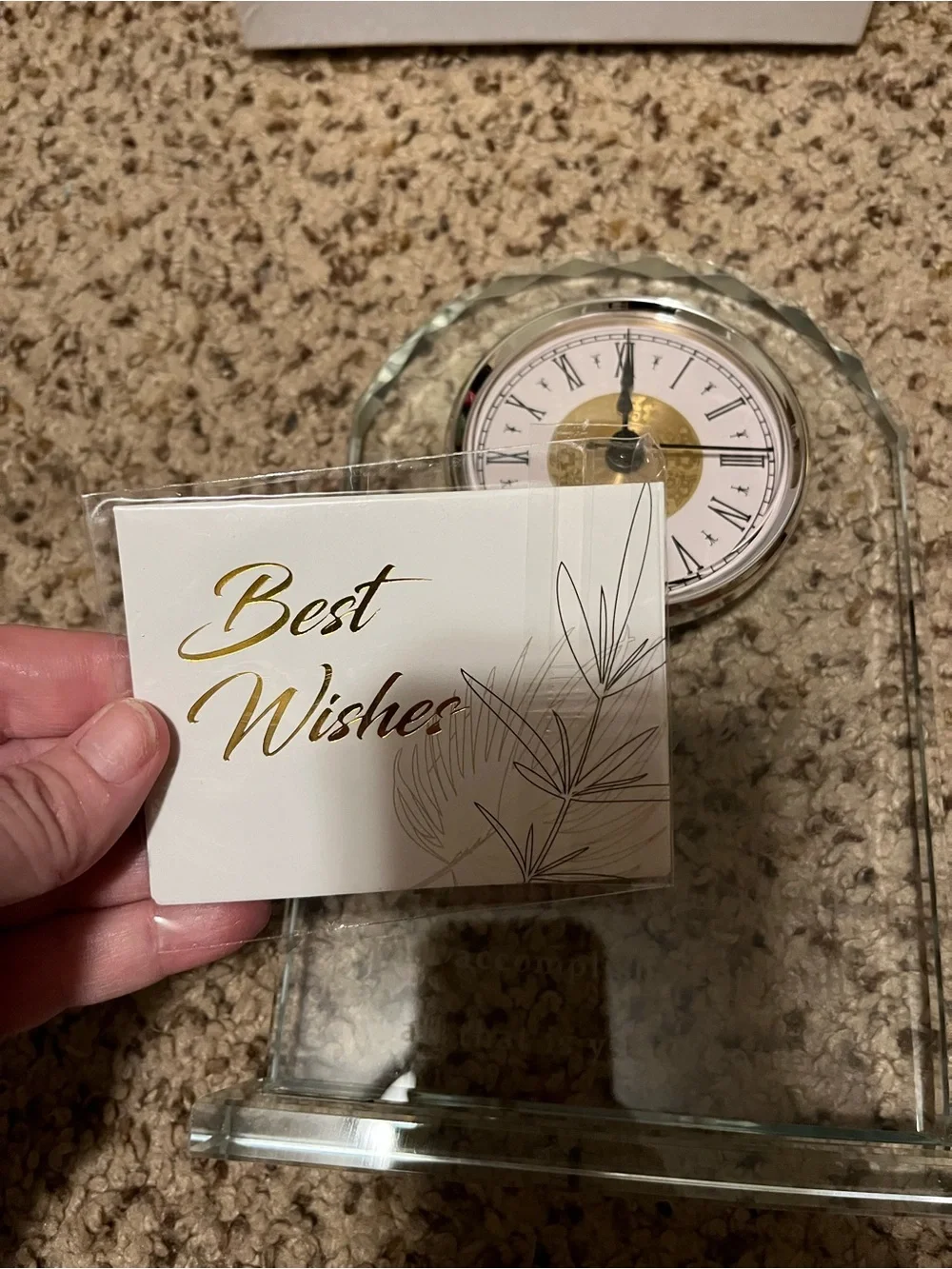 Clear Crystal Desk Clock with Gold Dial and Polished Cloth - Retirement quote